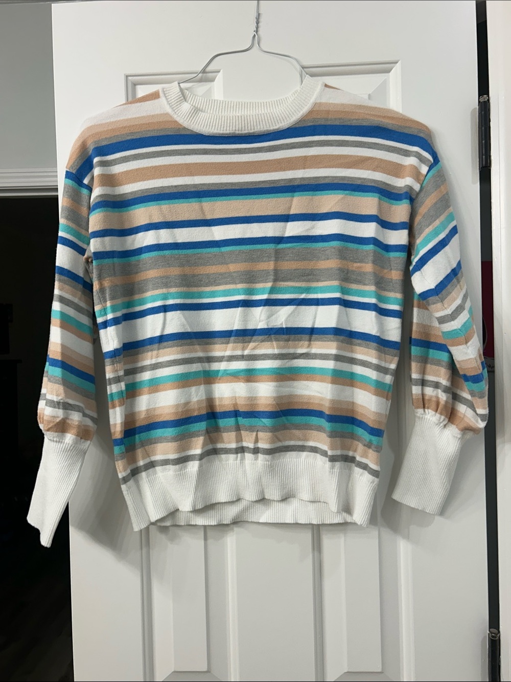 Vine & Love Striped Crewneck Sweater in White, Tan, Blue